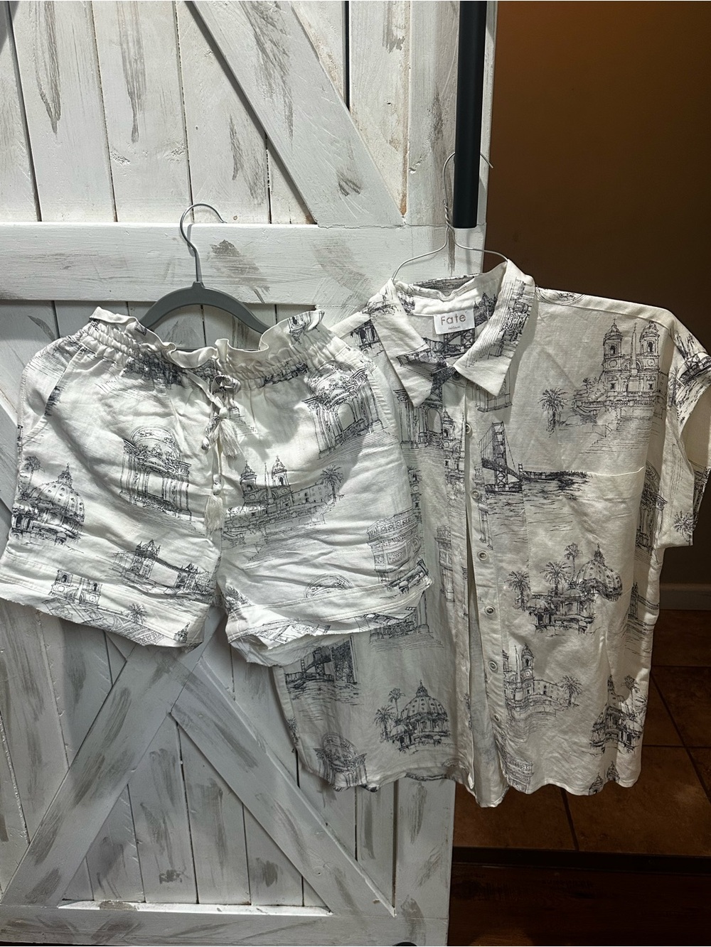 Fate White & Black Scenic Print Button-Down Shirt and Shorts Set